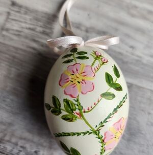 Hand Painted Floral Egg Ornament Easter Decor Cream Pink Green w/ Box